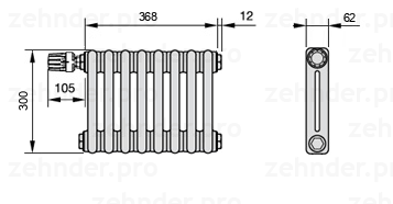Схема (чертеж) Радиатор Zehnder Charleston 2030/8 №V011 Белый глянцевый RAL 9016